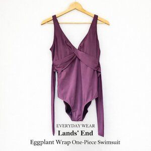 Lands’ End Eggplant Wrap One-Piece Swimsuit Side Tie Built-In Bra 12